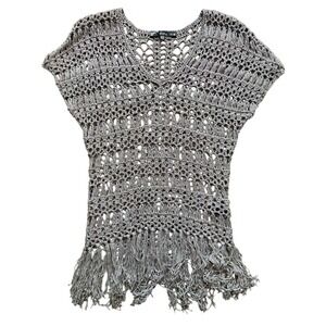 Sioni Y2K Metallic V-Neck Open Knit Crochet Fringe Sweater, Grey Multi,  XS/S